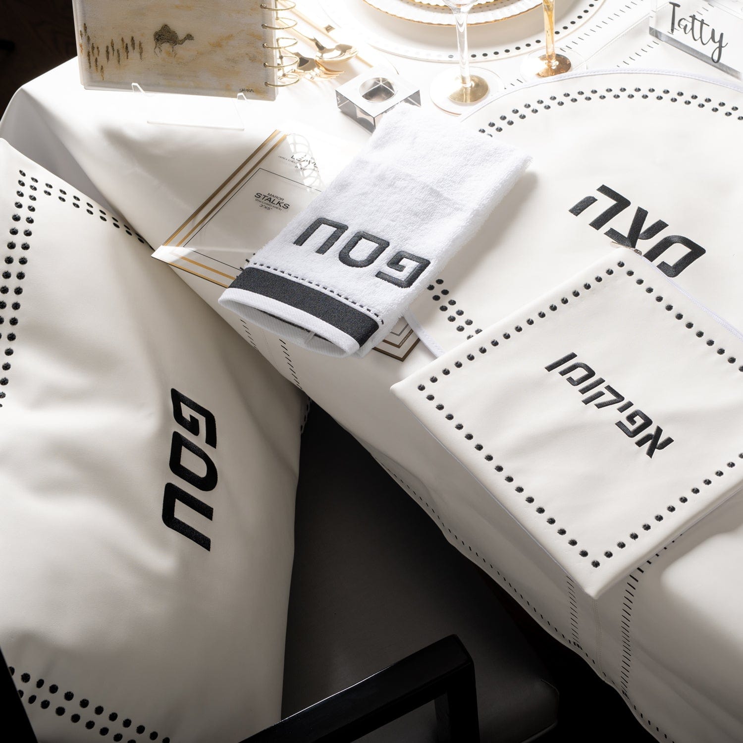 Dot Border Pesach Set — lifestyle shot | Judaica Square Lakewood
