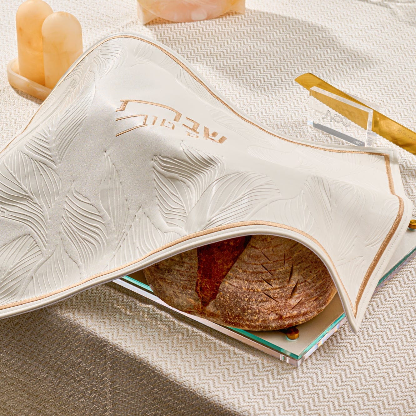 Embossed Leaf Challah Board — styled in-room | Judaica Square Lakewood
