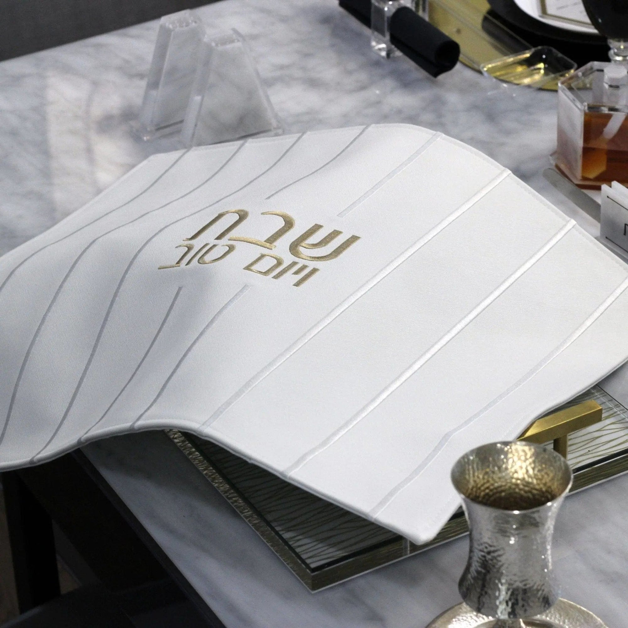 Embroidered Lines Challah Cover — side detail | Judaica Square Lakewood