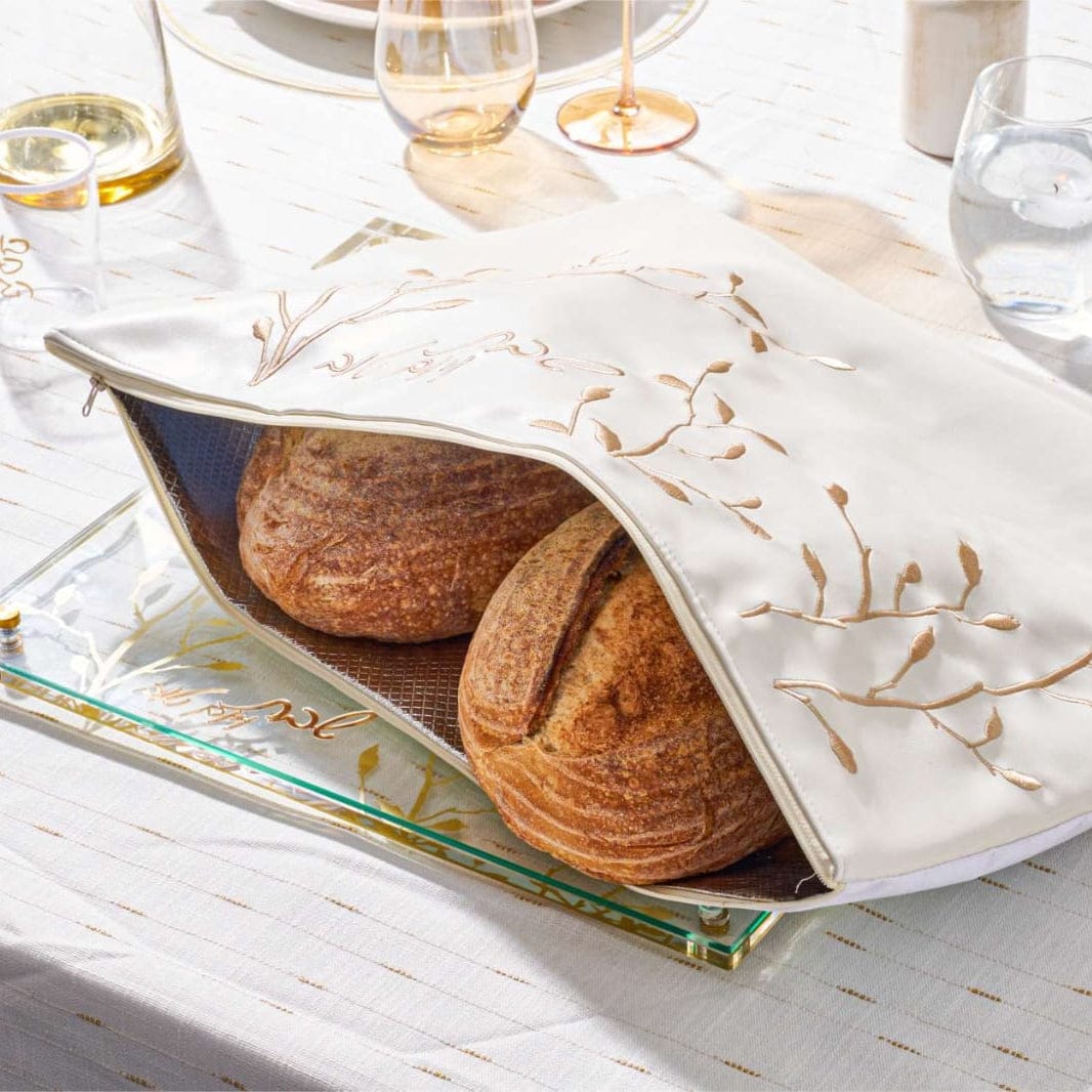 Embroidered Leaf Challah Board & Pouch Set — detail view | Judaica Square Lakewood