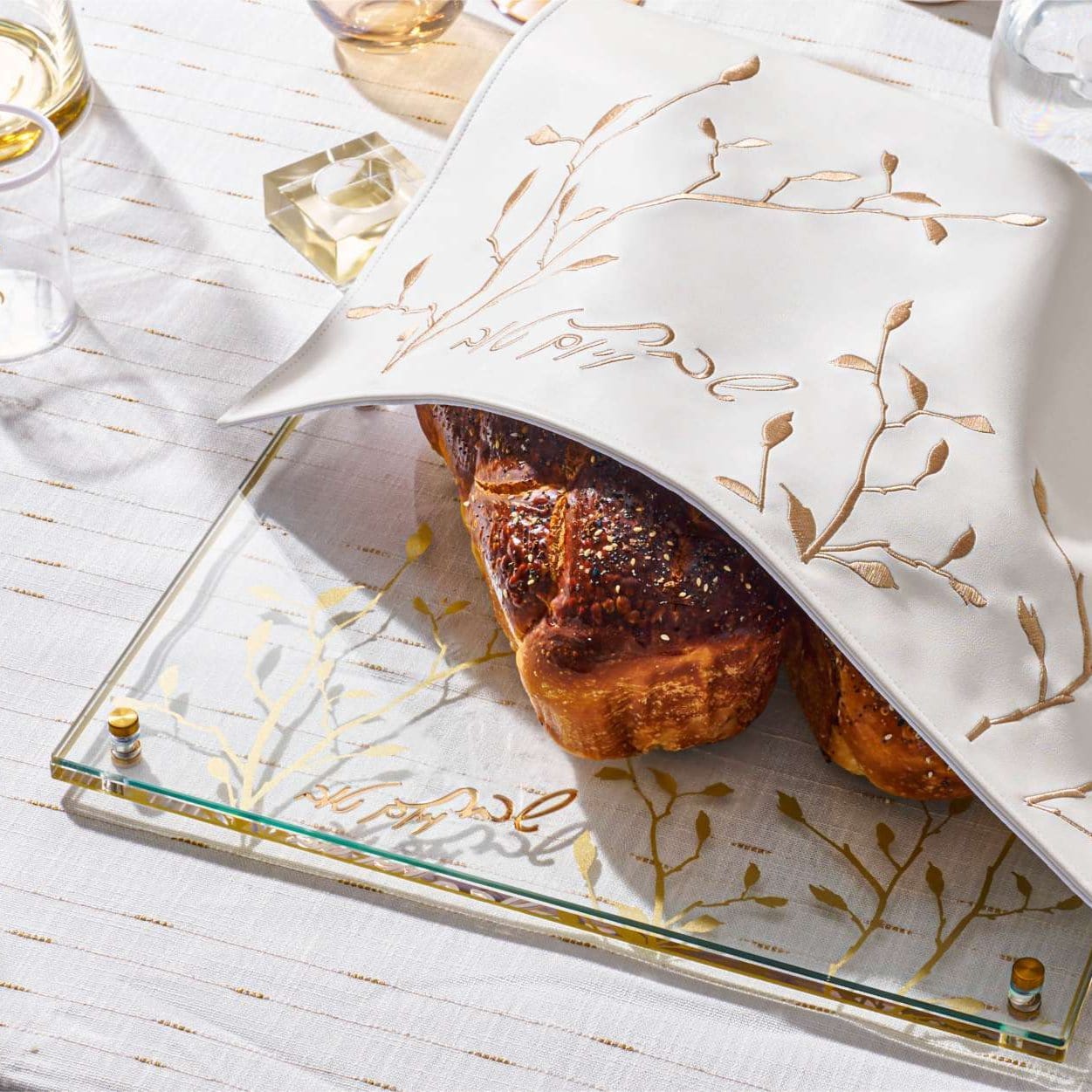 Embroidered Leaf Challah Board & Cover Set — detail view | Judaica Square Lakewood