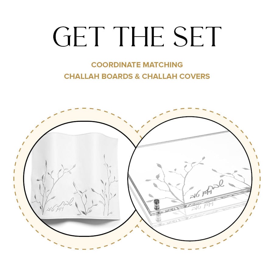 Embroidered Leaf Challah Board & Cover Set — styled in-room | Judaica Square Lakewood