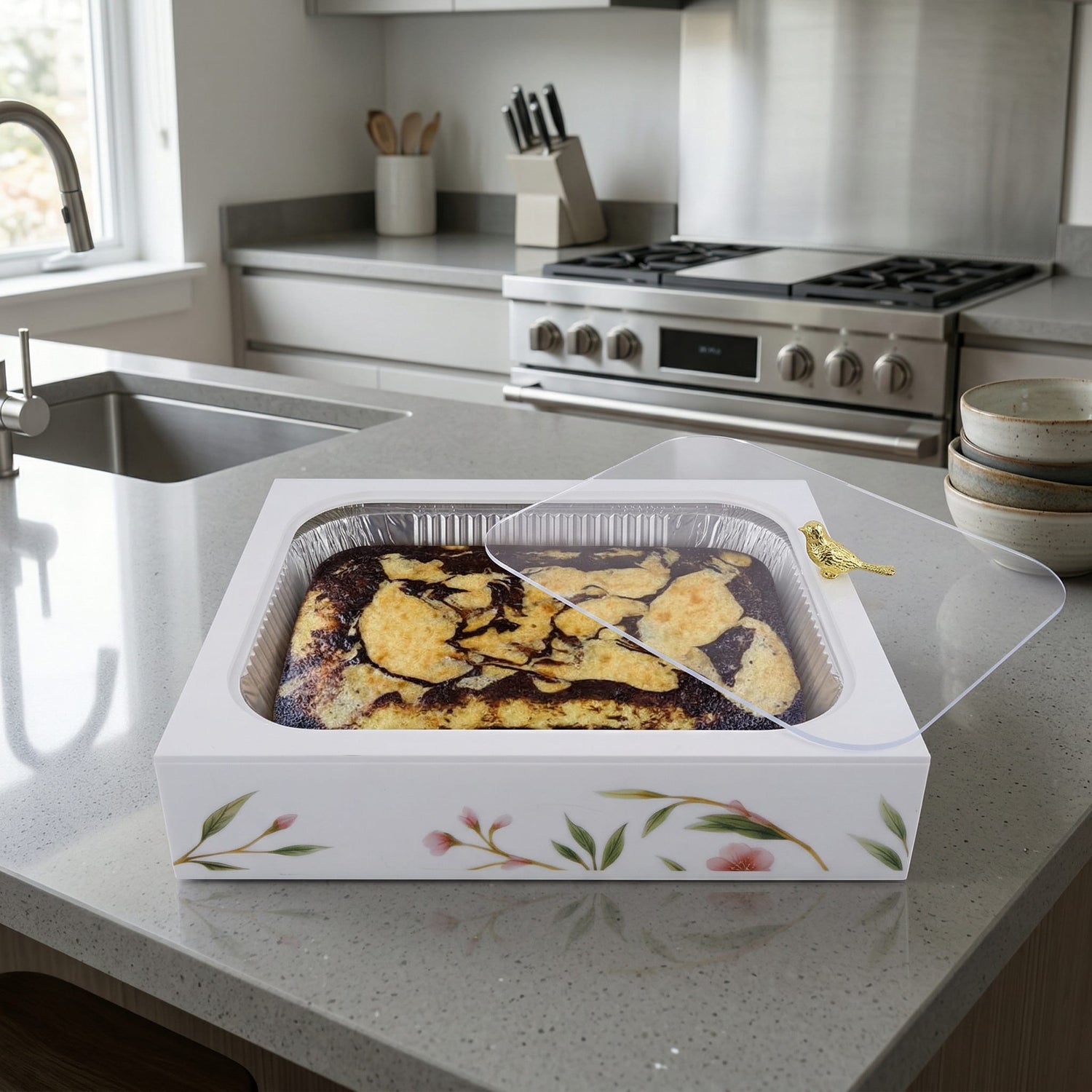 Floral Bird 9x13 Pan Holder — styled in-room | Judaica Square Lakewood