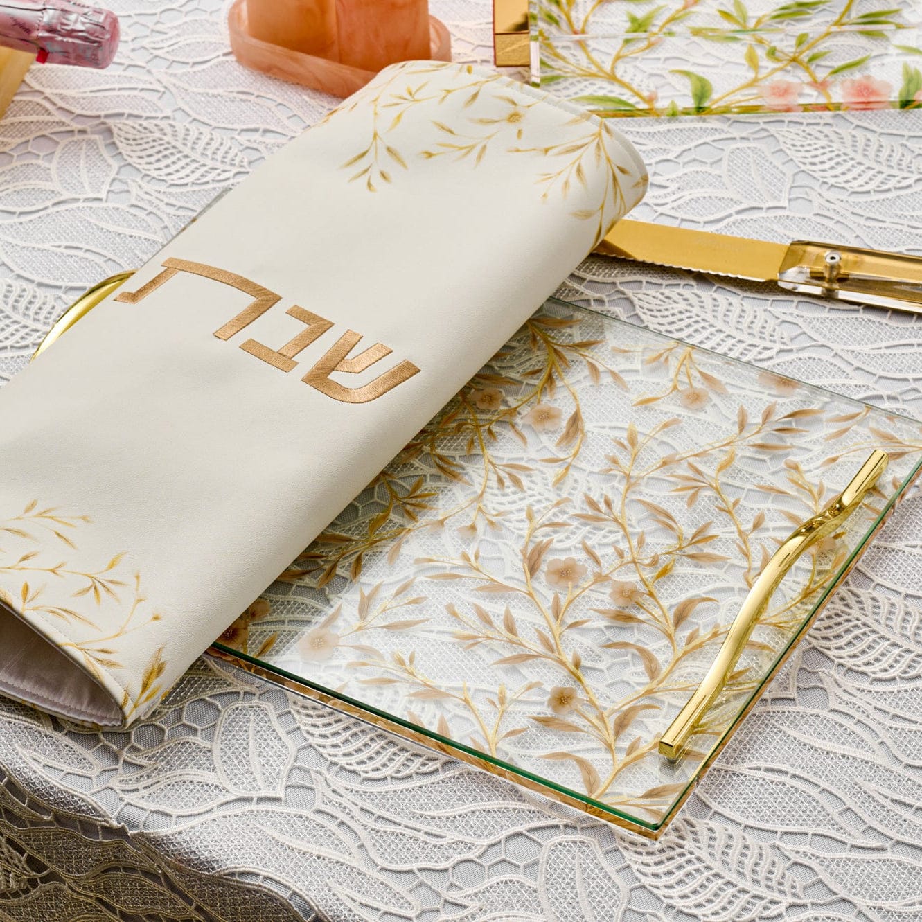 Floral Bird Challah Board & Cover Set — side detail | Judaica Square Lakewood