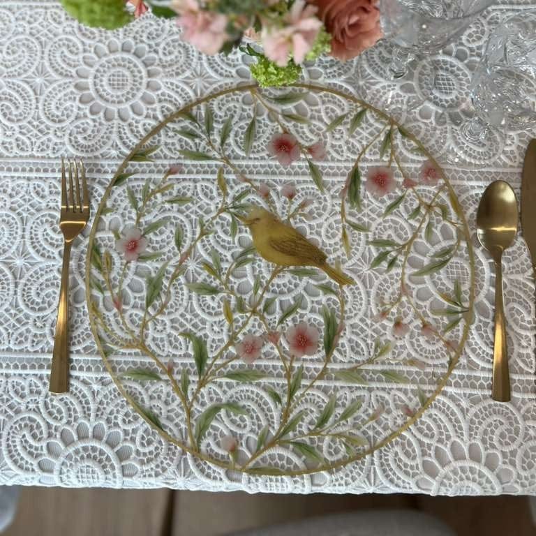 Floral Bird Chargers - Bird — styled in-room | Judaica Square Lakewood