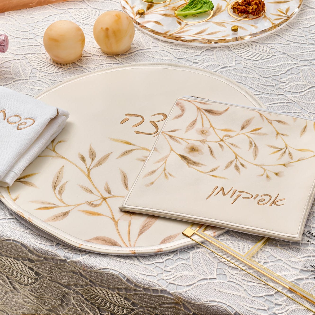 Floral Bird Pesach Set — styled in-room | Judaica Square Lakewood