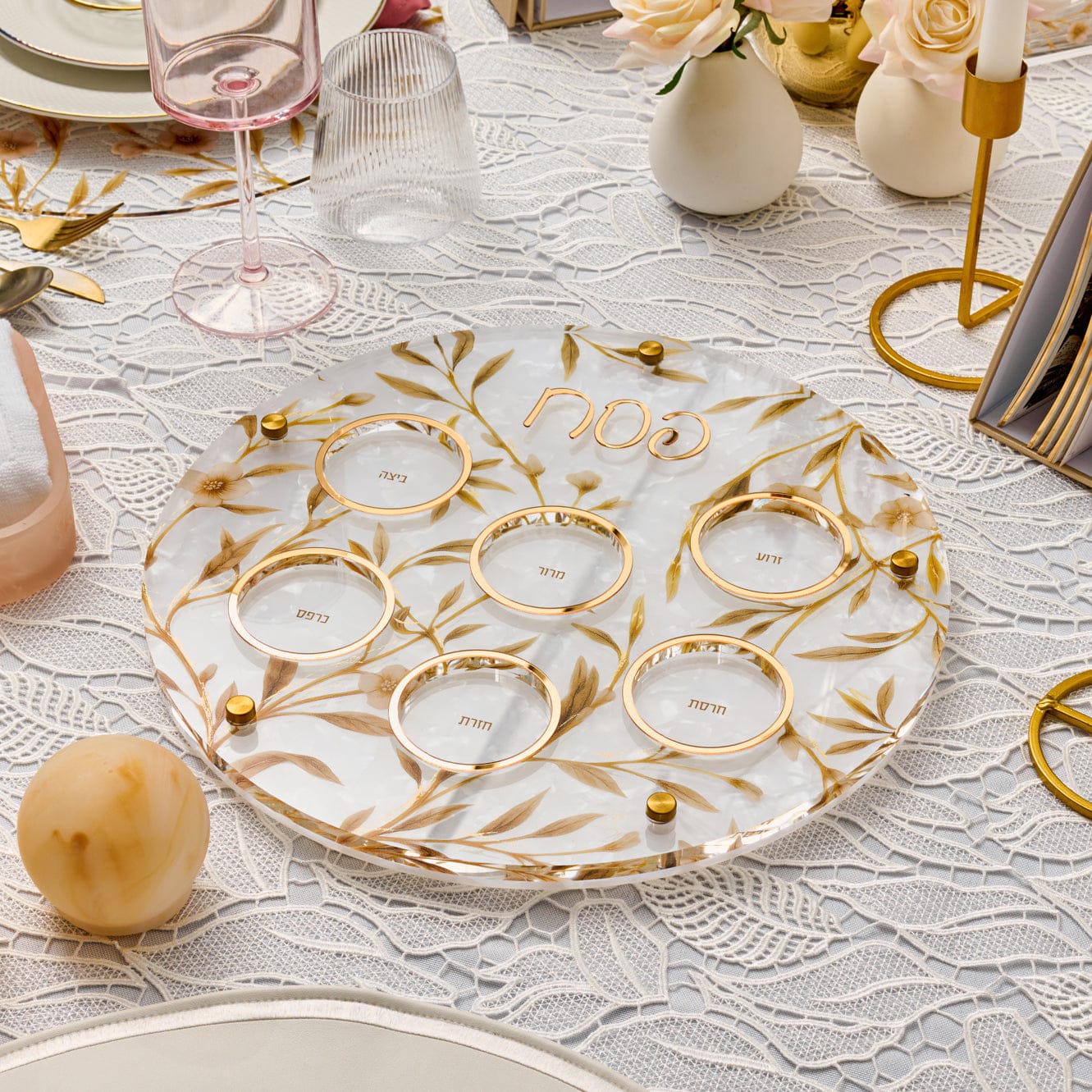 Floral Bird Seder Plate & Matzah Box Set — closeup | Judaica Square Lakewood