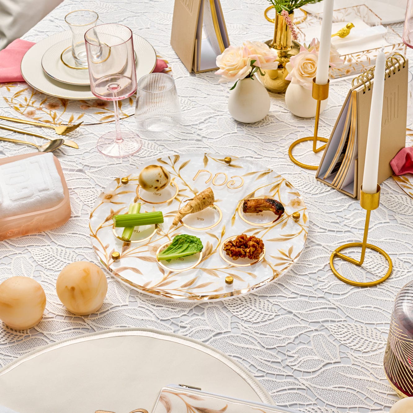 Floral Bird Seder Plate & Matzah Box Set — lifestyle shot | Judaica Square Lakewood