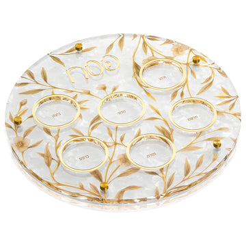Gold Floral Bird acrylic seder plate shown from above on a white background