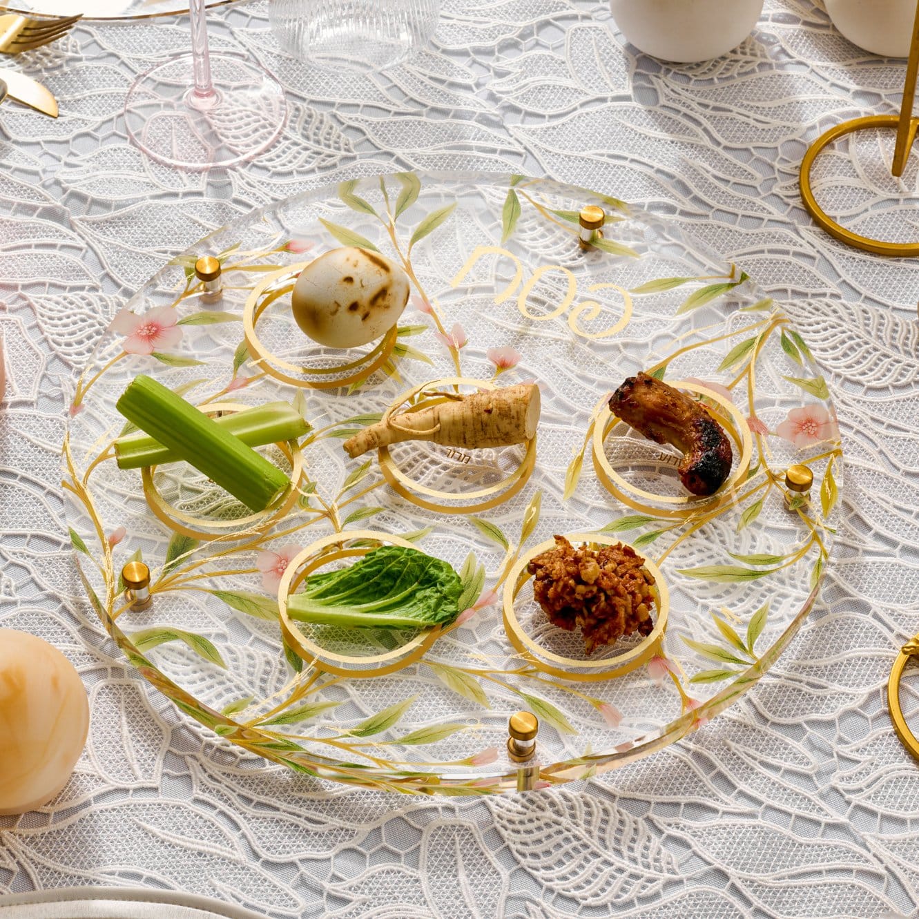 Floral Bird Seder Plate — side detail | Judaica Square Lakewood