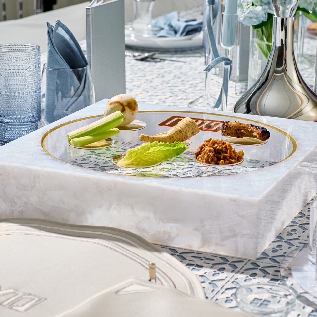 Standing Pearlstone Seder Plate & Matzah Box Set | Judaica Square Lakewood