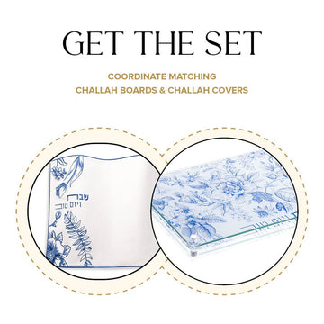 Get the Set graphic pairing the blue French toile challah cover and lucite board