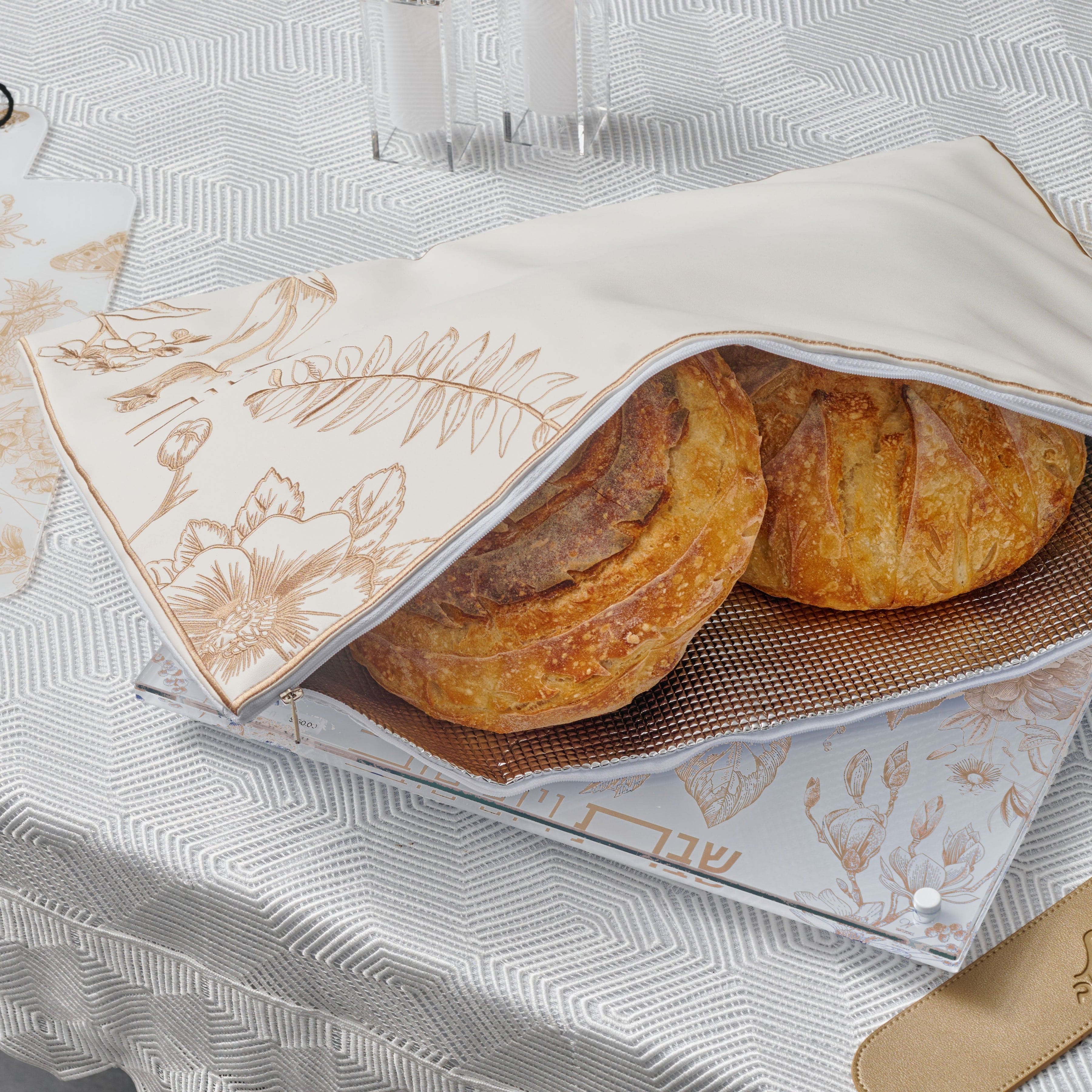 Gold French Toile Challah Pouch Set — detail view | Judaica Square Lakewood