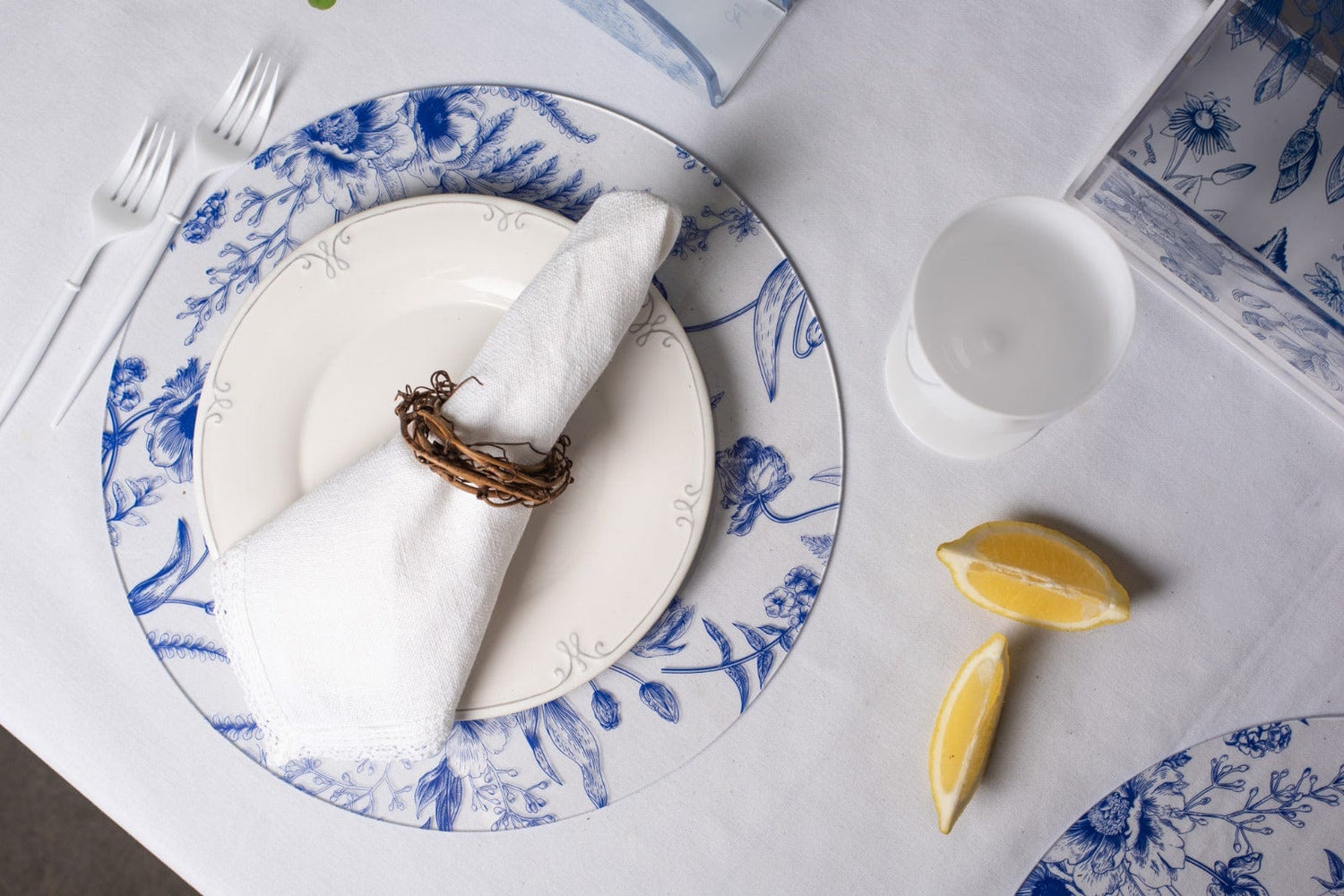 French Toile Chargers — reverse view | Judaica Square Lakewood