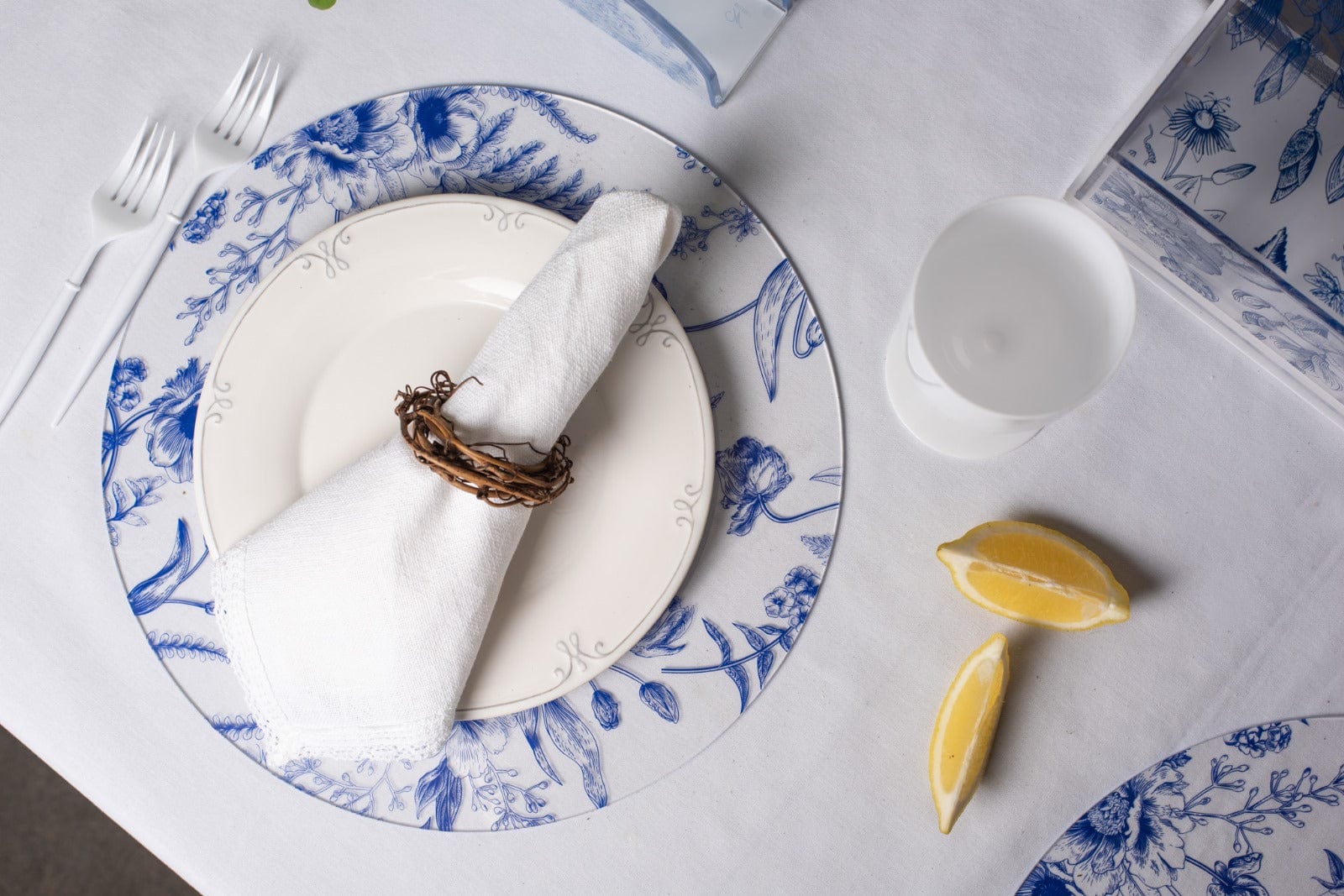French Toile Chargers — reverse view | Judaica Square Lakewood