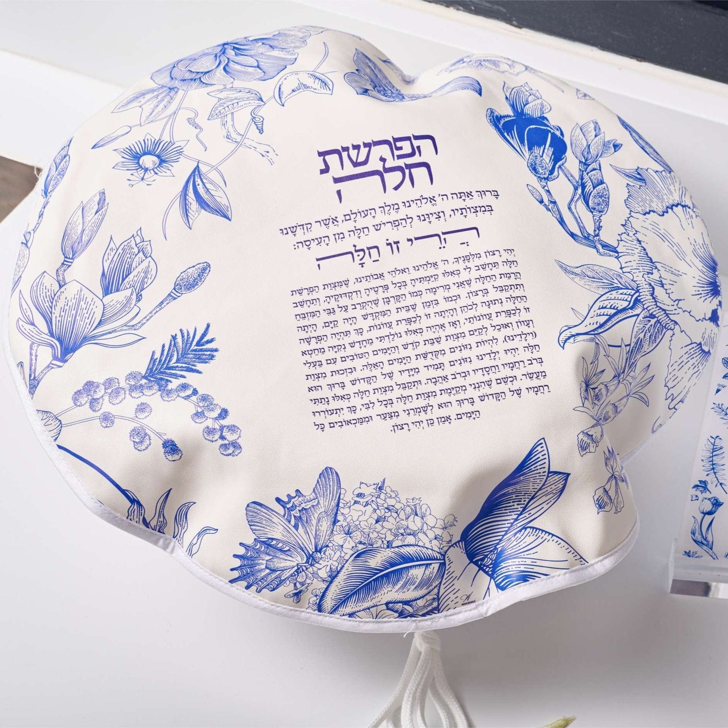 French Toile Hafrashas Challah Cover — styled in-room | Judaica Square Lakewood
