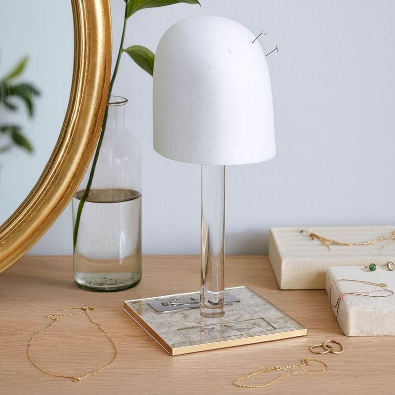 French Toile Lucite Wig Head — detail view | Judaica Square Lakewood