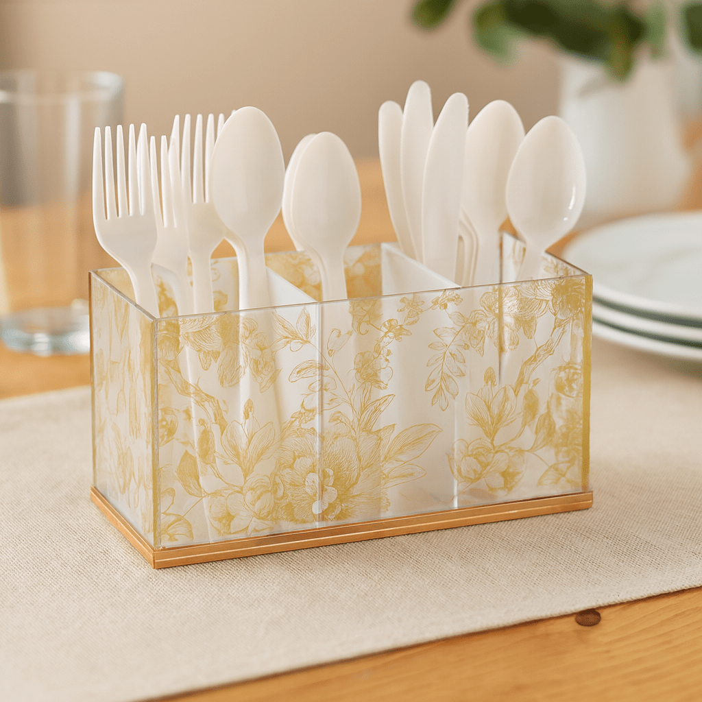 French Toile Silverware Caddy — detail view | Judaica Square Lakewood