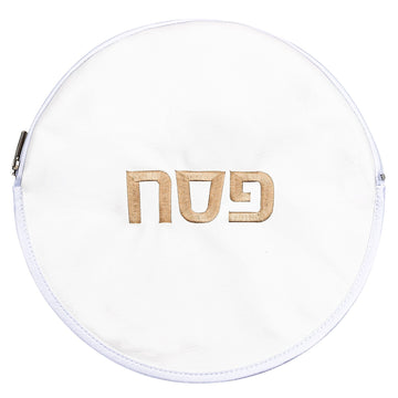 Round faux leather Gebrokst matzah pouch with 'Pesach' embroidered in gold thread