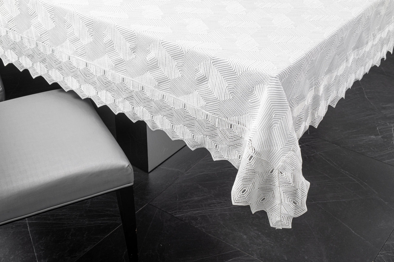Geometric Tablecloth — styled in-room | Judaica Square Lakewood