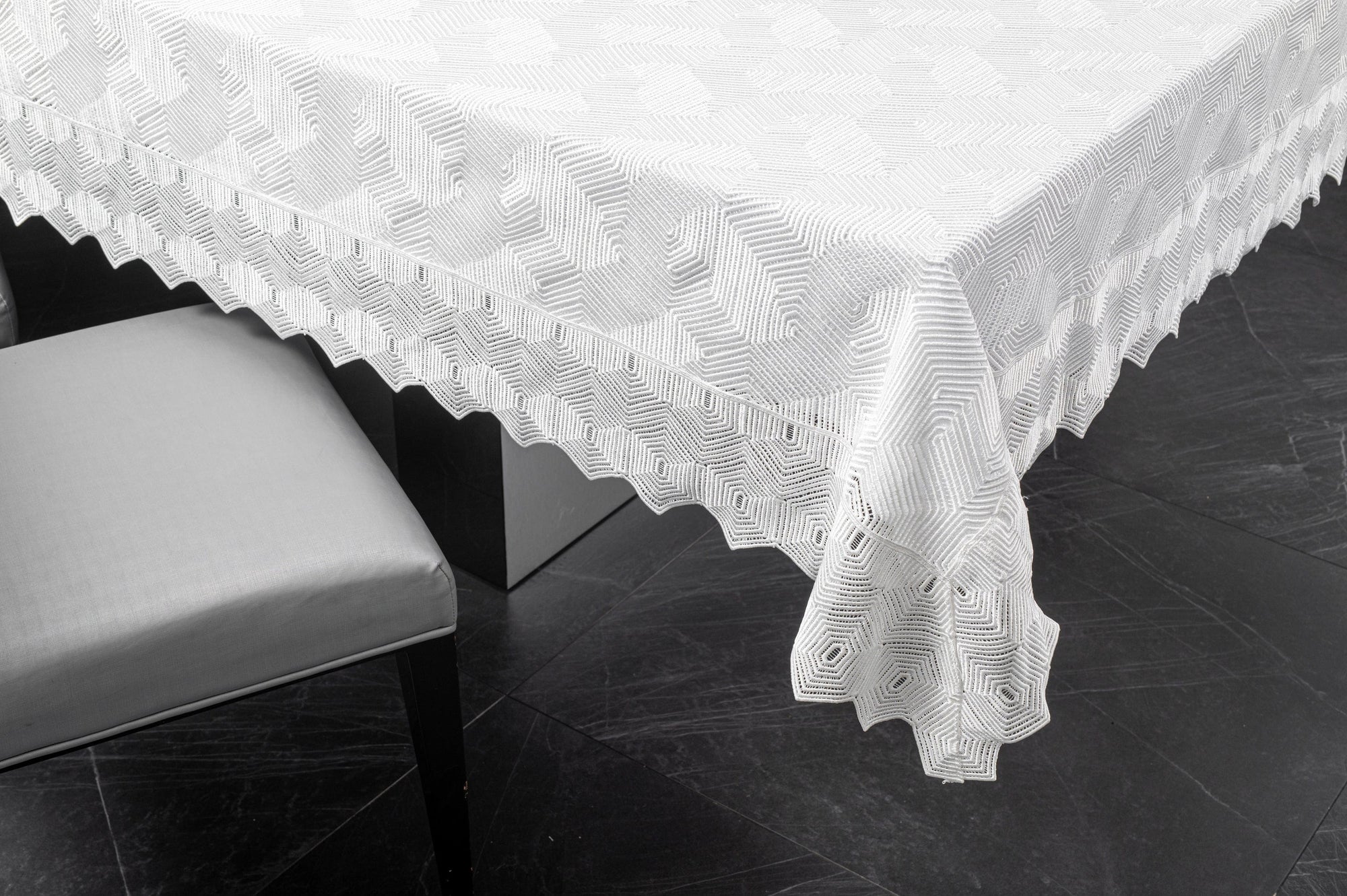 Geometric Tablecloth — styled in-room | Judaica Square Lakewood