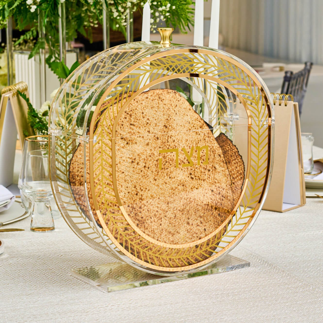 Herringbone Seder Plate & Matzah Box Set — styled in-room | Judaica Square Lakewood