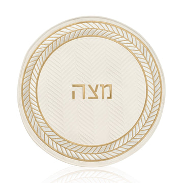 Herringbone Matzah Cover in faux leather with embossed herringbone pattern and gold border, studio shot