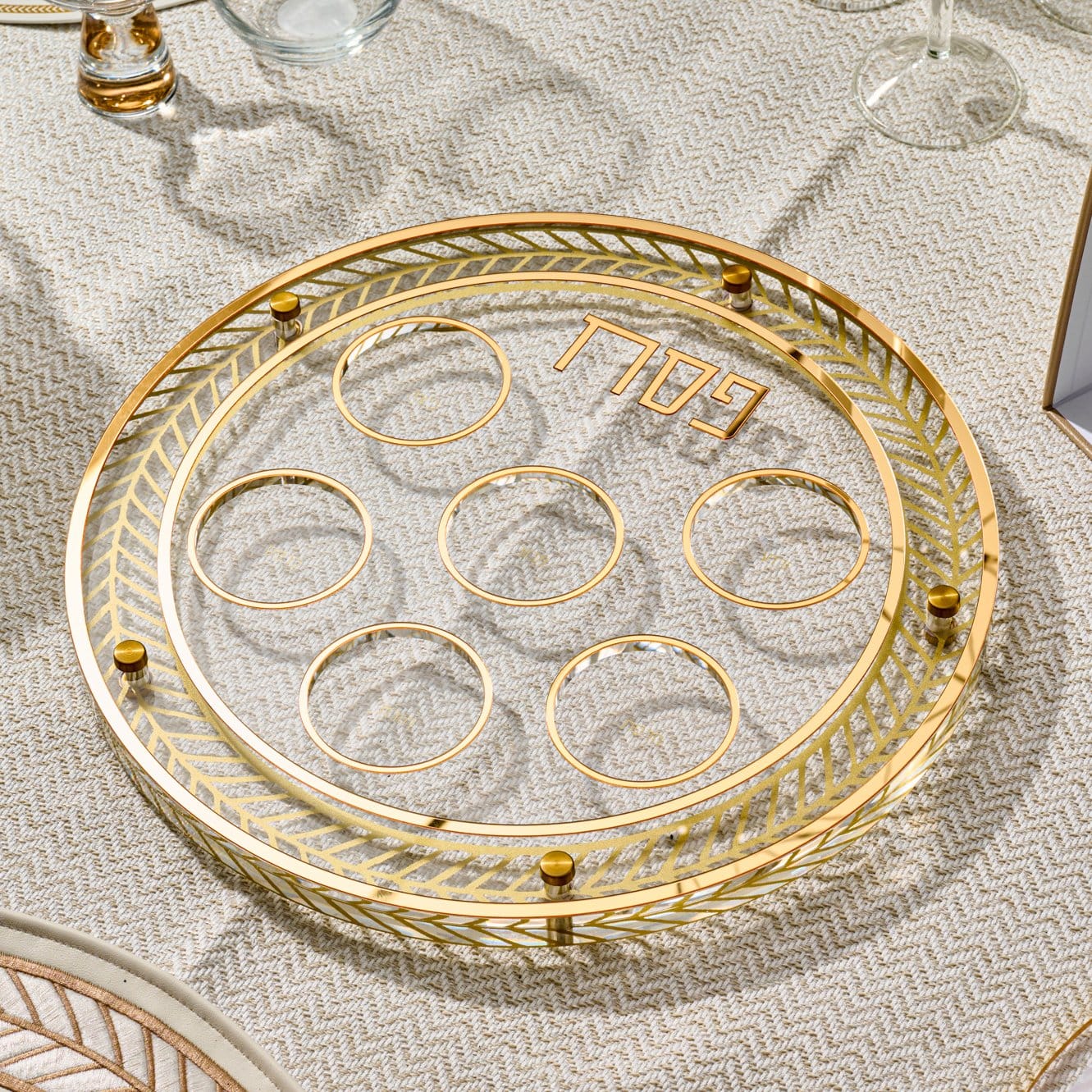 Herringbone Seder Plate & Matzah Box Set — detail view | Judaica Square Lakewood