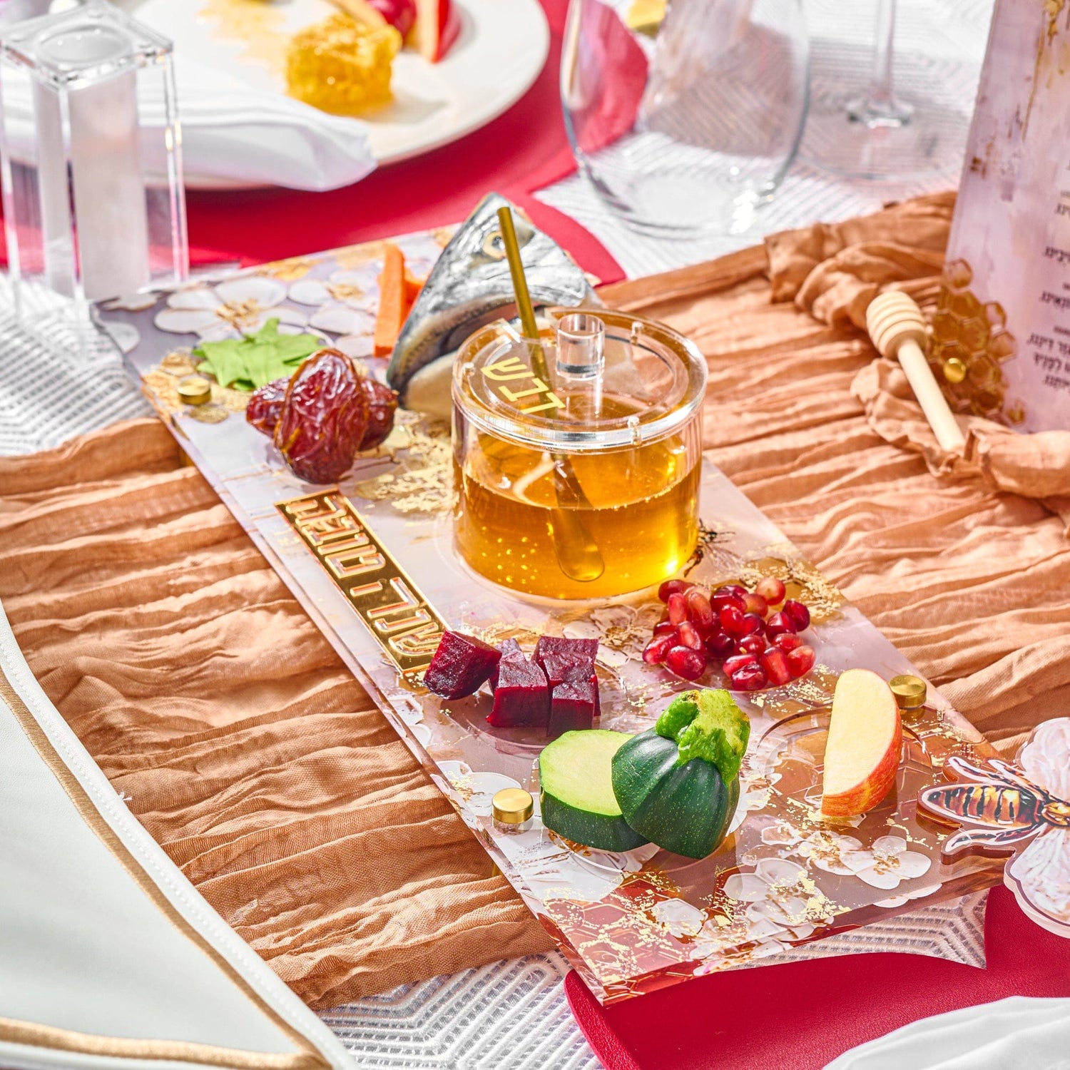 Honeycomb Simanim Tray — styled in-room | Judaica Square Lakewood