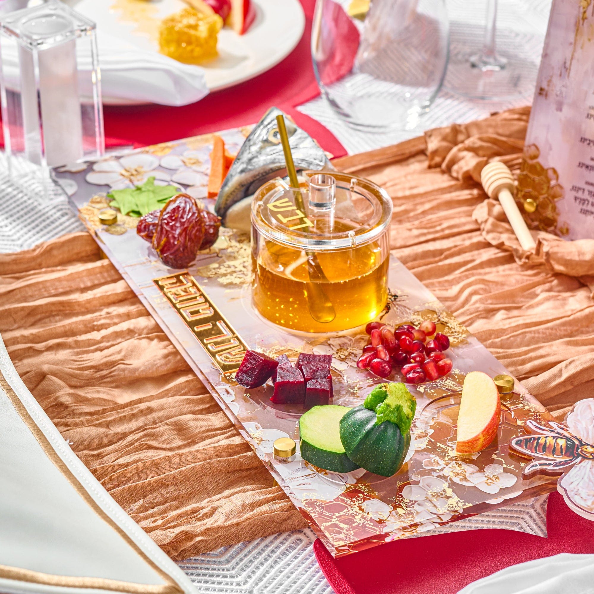 Honeycomb Simanim Tray — styled in-room | Judaica Square Lakewood