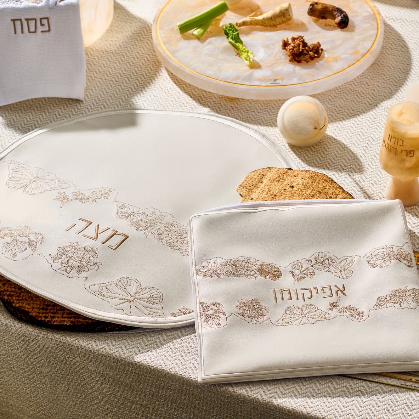 Inlay Floral Pesach Set — side detail | Judaica Square Lakewood