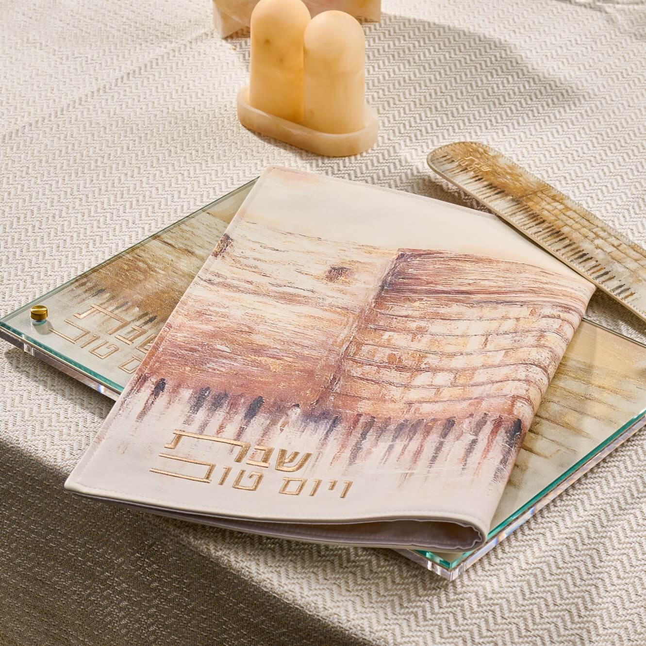 Jerusalem Taupe Challah Board — styled in-room | Judaica Square Lakewood