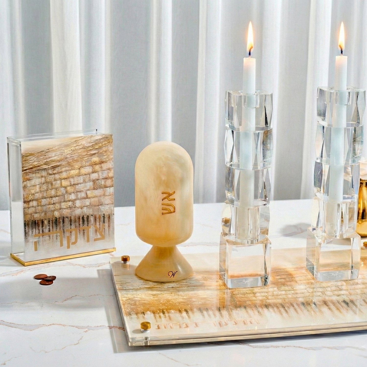 Jerusalem Taupe Tzedakah Box — detail view | Judaica Square Lakewood