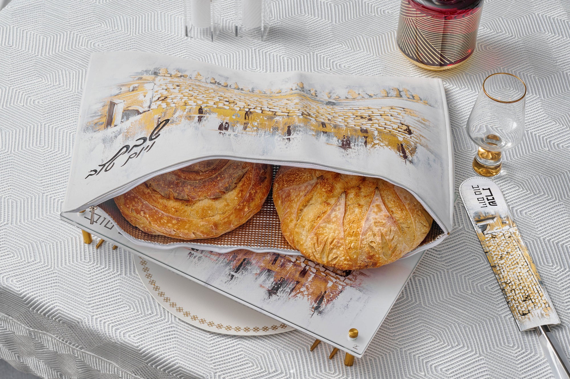Kosel at Winter Challah Pouch Cover — styled in-room | Judaica Square Lakewood