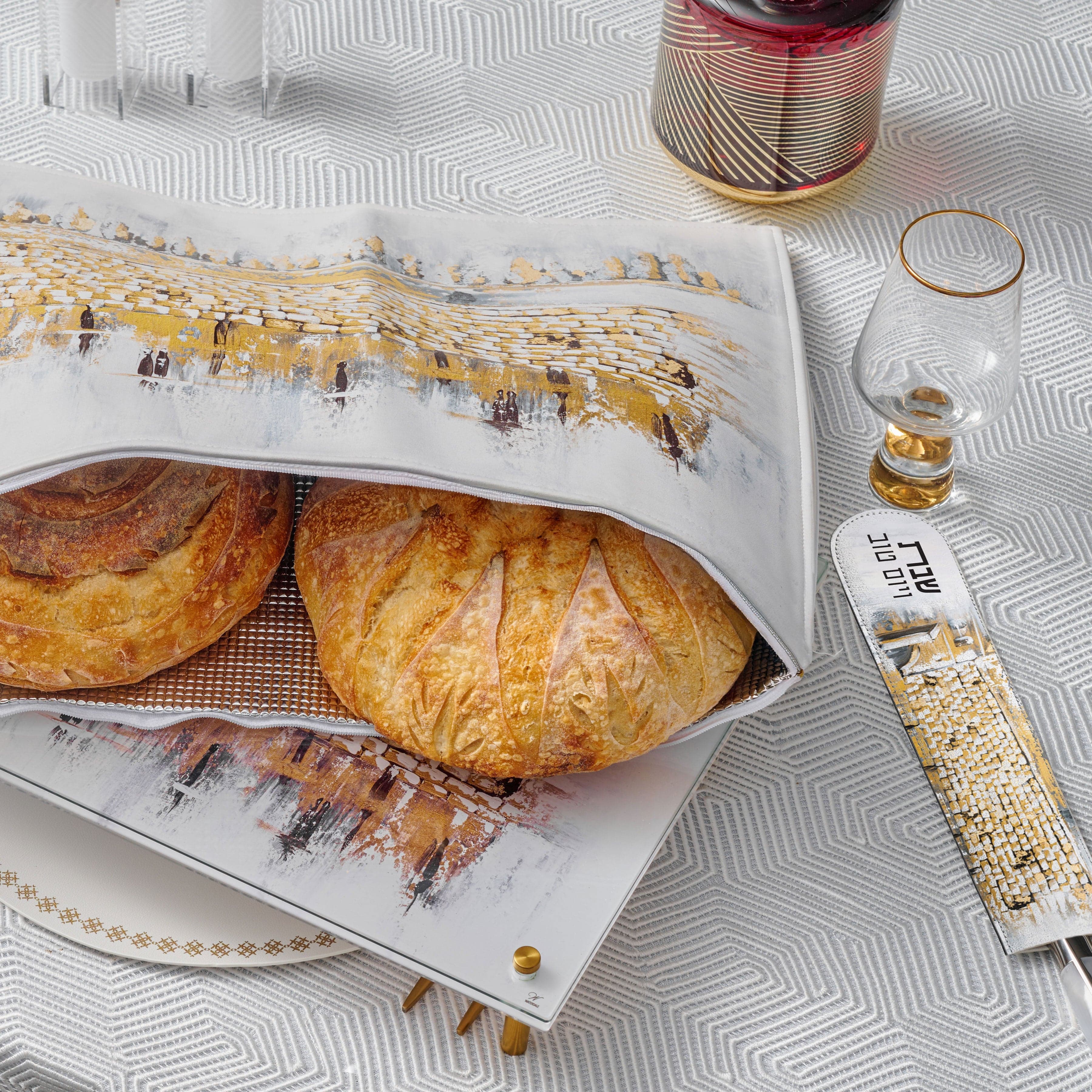 Elegant Winter Kosel Painted Lucite Challah Board & Leather Cover Set
