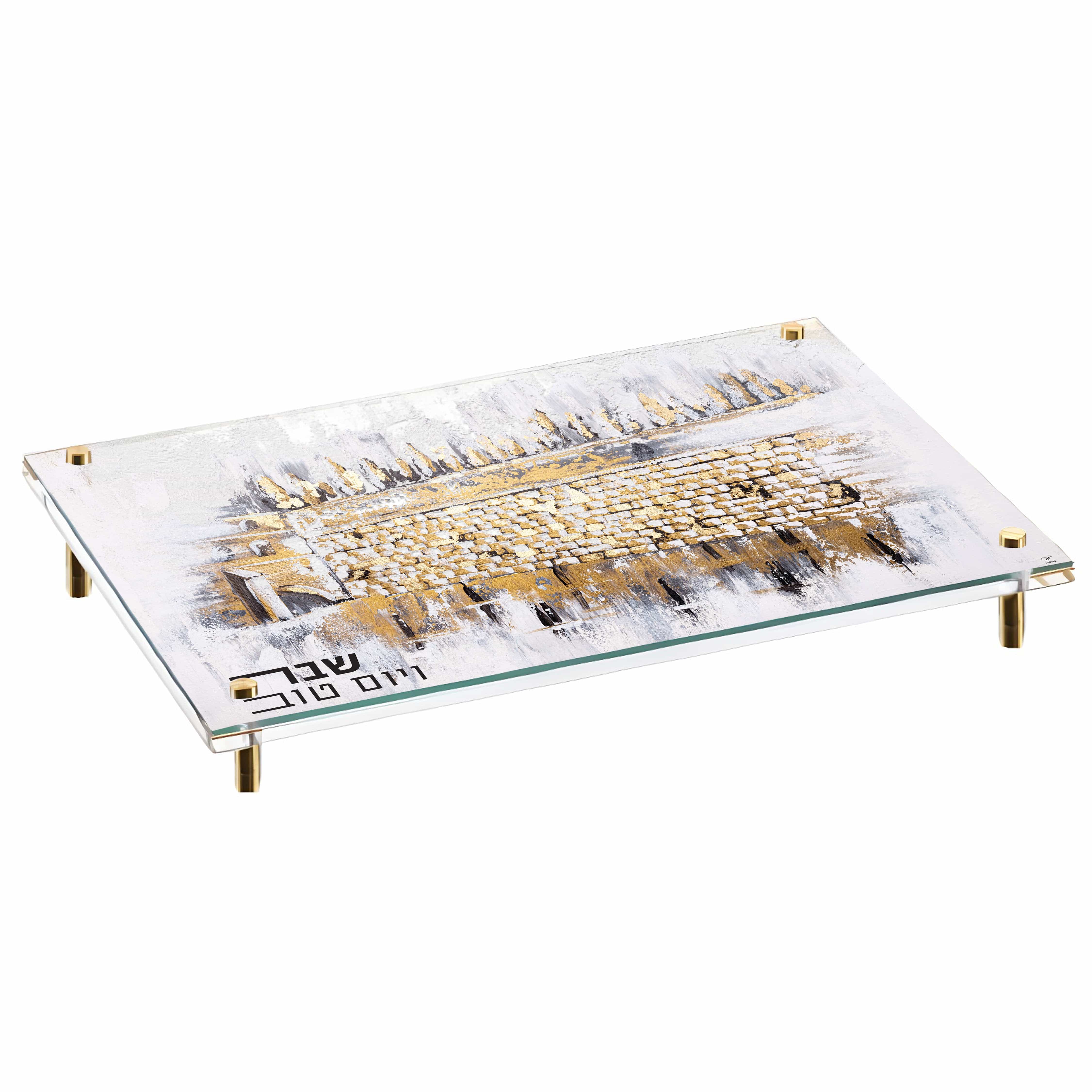Elegant Winter Kosel Painted Lucite Challah Board & Leather Cover Set