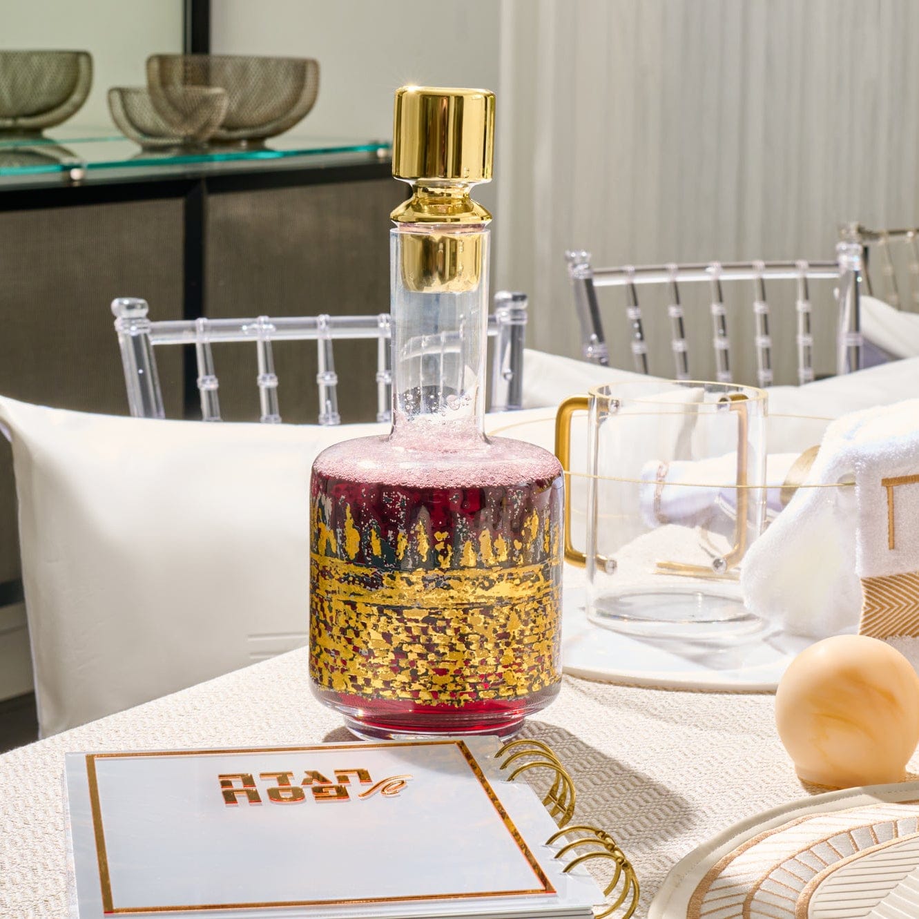 Kosel Wine Decanter — styled in-room | Judaica Square Lakewood