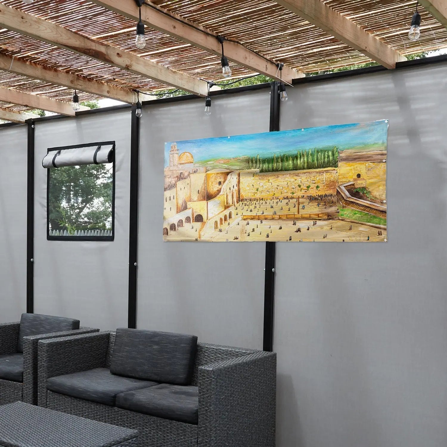 Kosel in Color Vinyl Sukkah Decoration — styled in-room | Judaica Square Lakewood