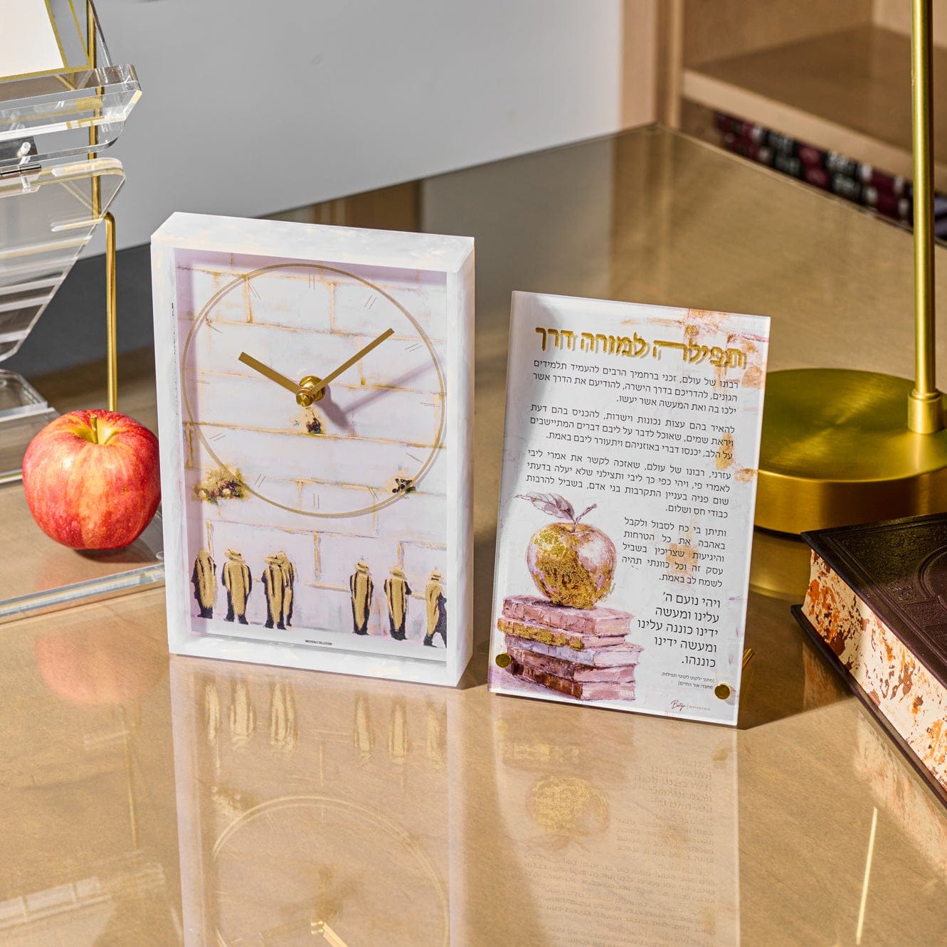 Pearlstone Frame Kosel Desk Clock — styled in-room | Judaica Square Lakewood