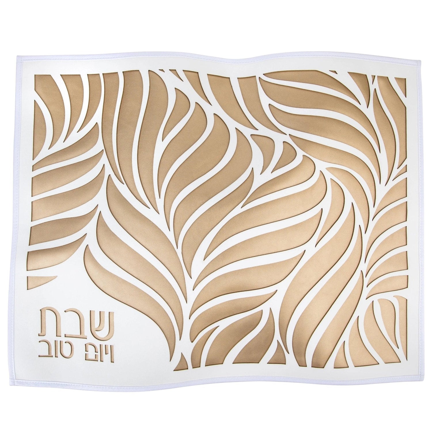 Gold-tan leather showing through the same white cut-out leaf pattern, laid flat and squared