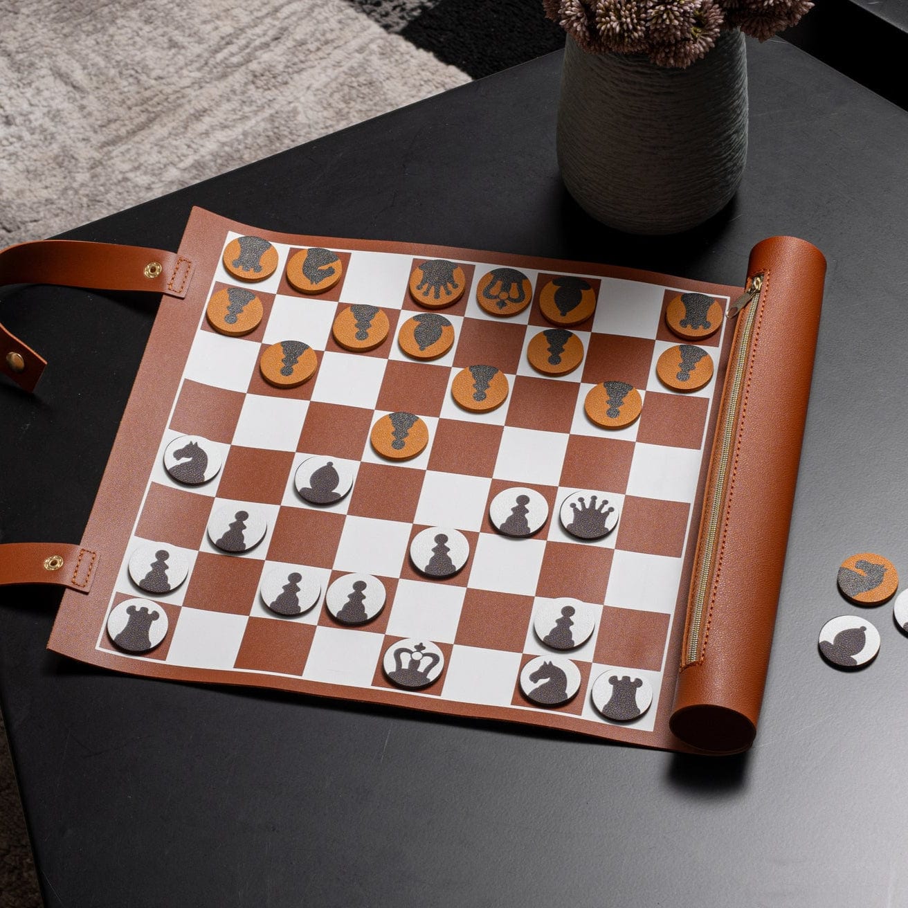 Leather Chess/Checkers Set — detail view | Judaica Square Lakewood