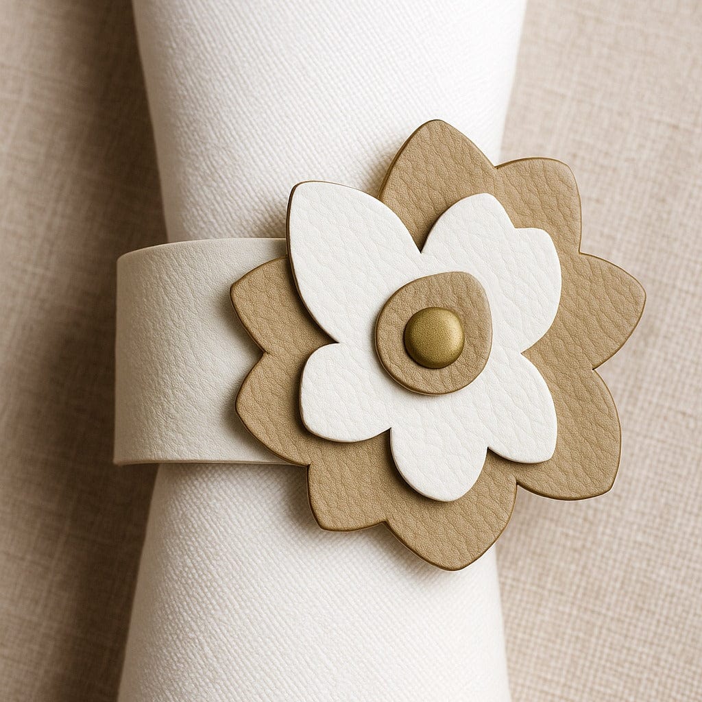 Leather Flower Napkin Wraps — styled in-room | Judaica Square Lakewood
