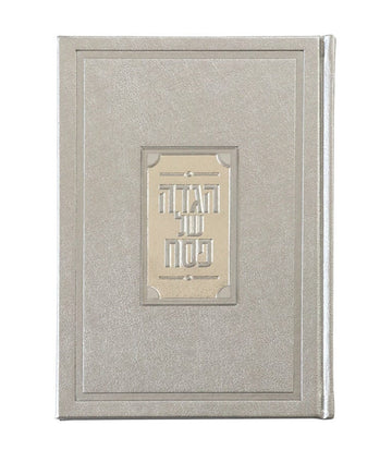 Silver leather Haggadah with Lucite Plate cover with embossed gold-bordered title panel