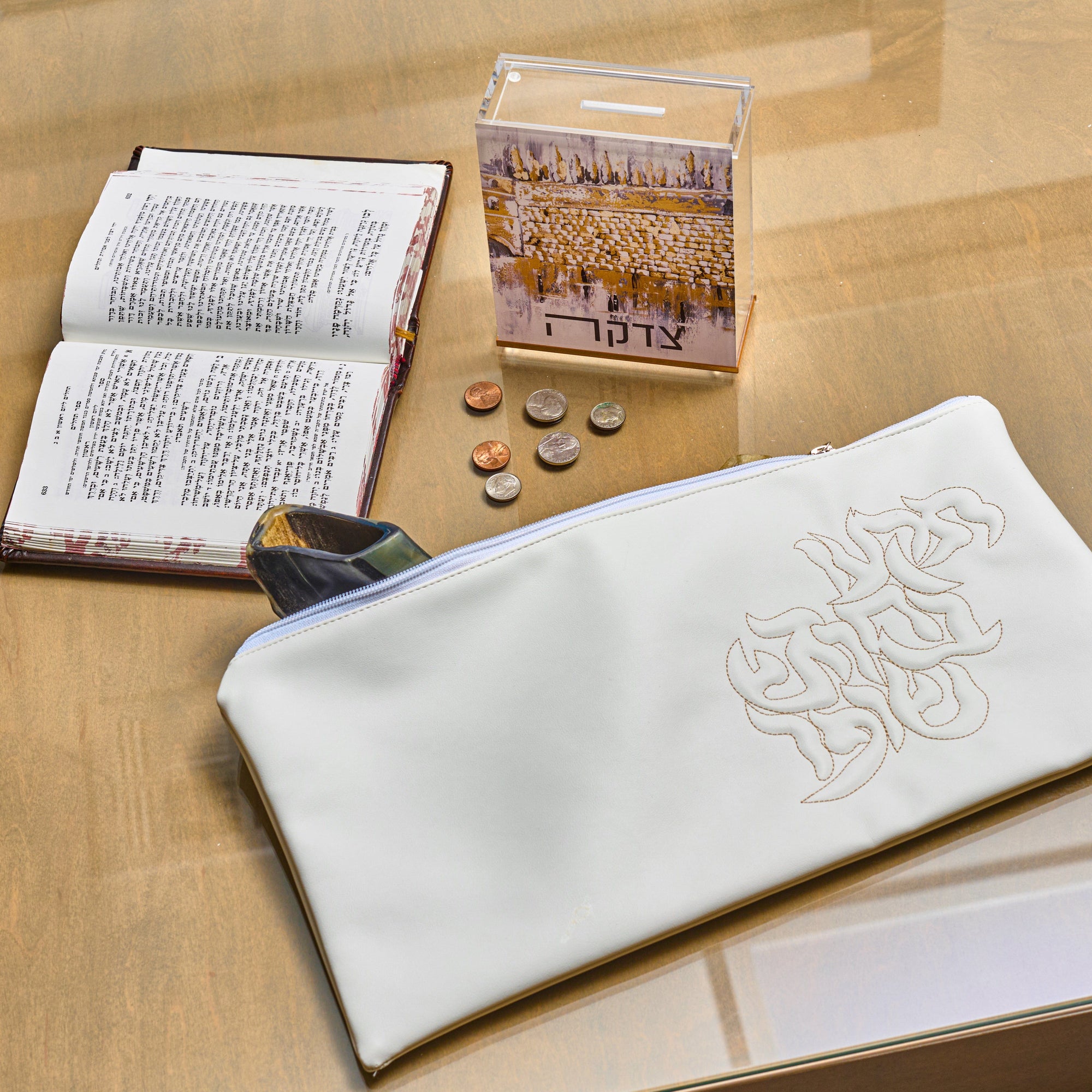 Leather Pillow Script Shofar Bag — detail view | Judaica Square Lakewood