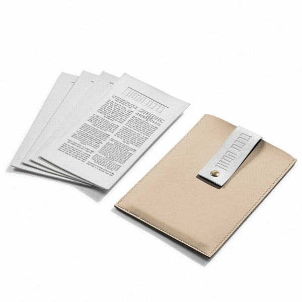 Gold-and-white leather pouch bencher set with the four white benchers fanned out beside it