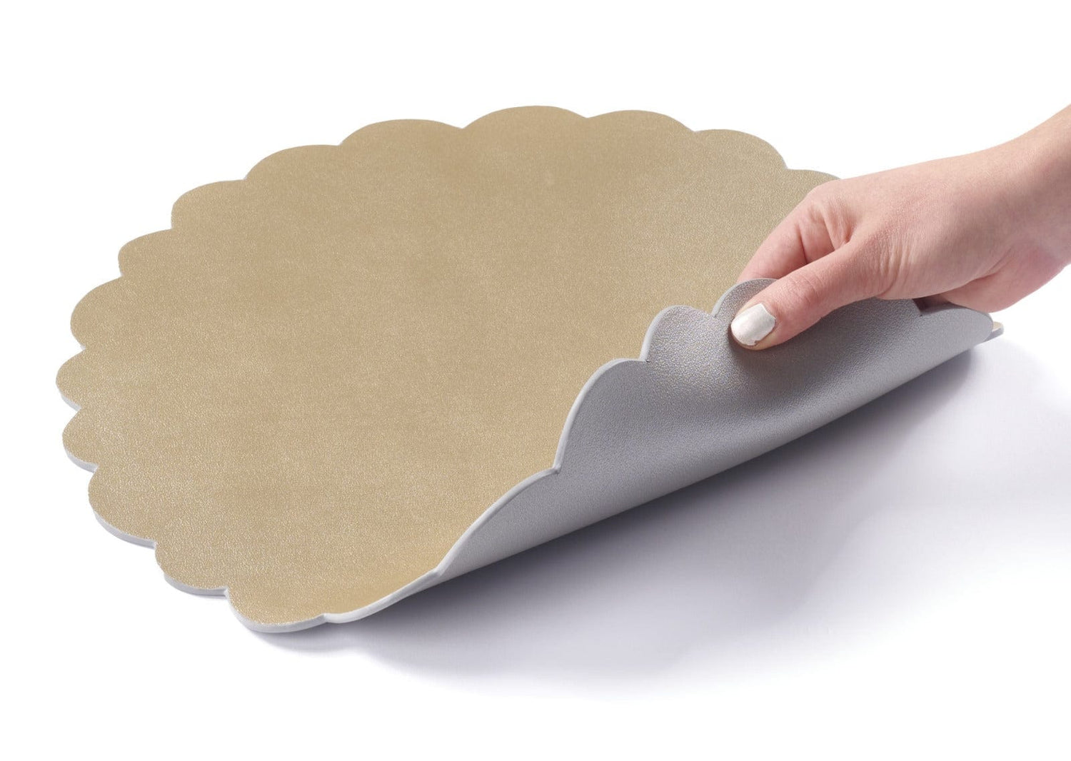 Leather Scalloped Chargers — side detail | Judaica Square Lakewood