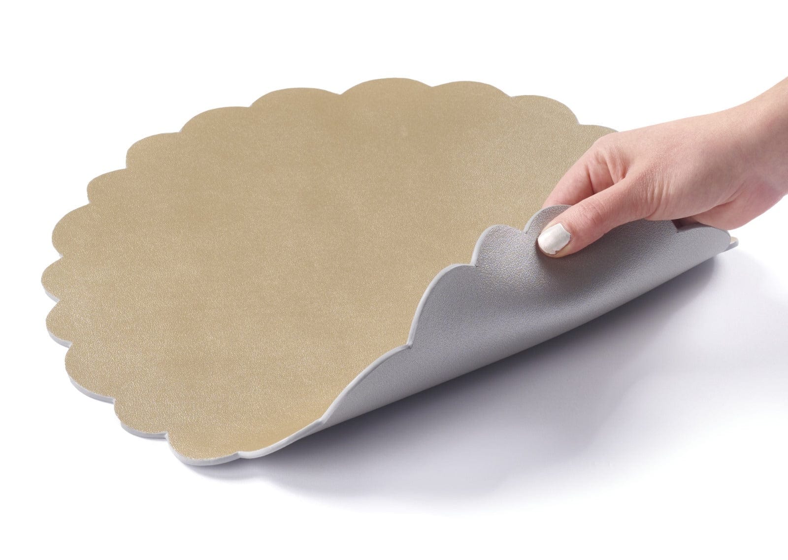Leather Scalloped Chargers — side detail | Judaica Square Lakewood