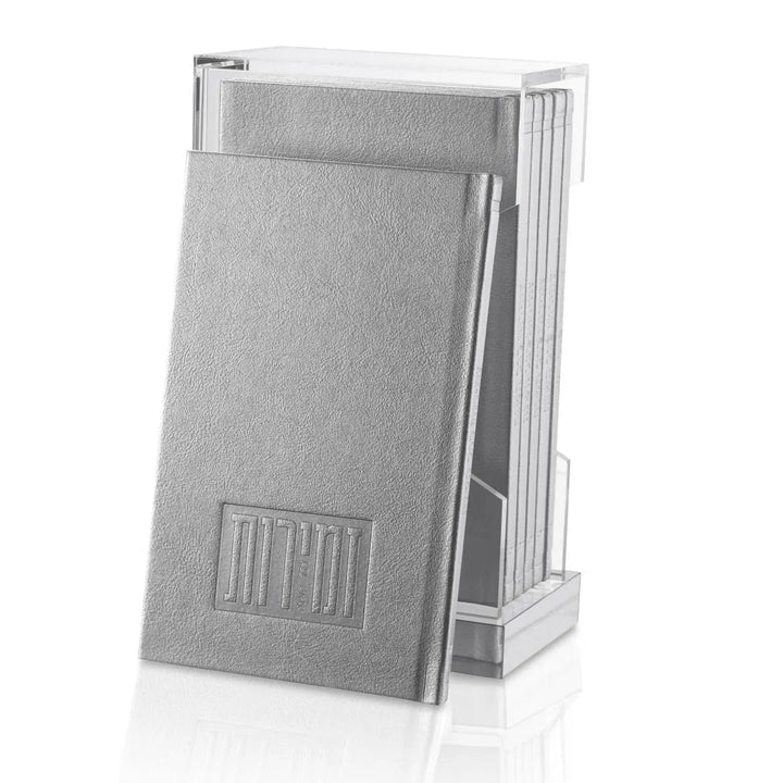 Gray faux leather bencher holder with Zemiros booklets standing inside, angled view