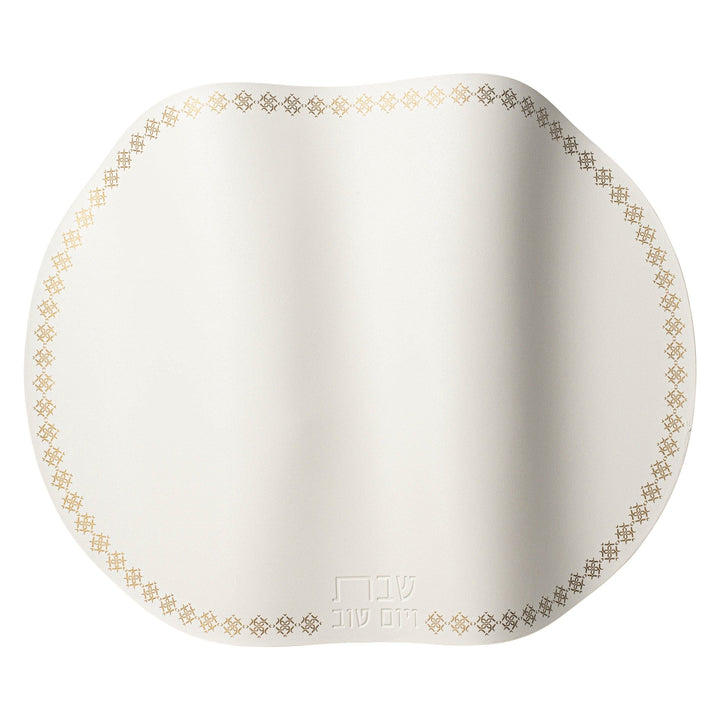 White faux-leather Marquesa challah cover with embossed Shabbos lettering, front view