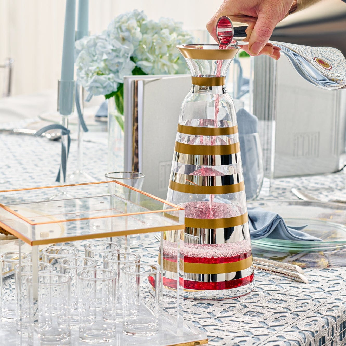 Mixed Metallic Wine Decanter — styled in-room | Judaica Square Lakewood